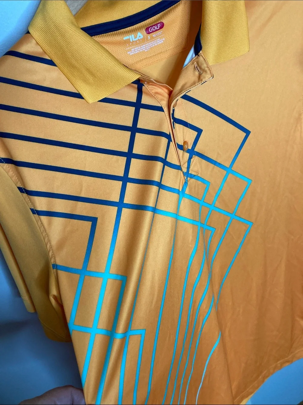 Fila Golf Men's Small Bright Orange Polo with Geometric Stripe Graphic in Blue